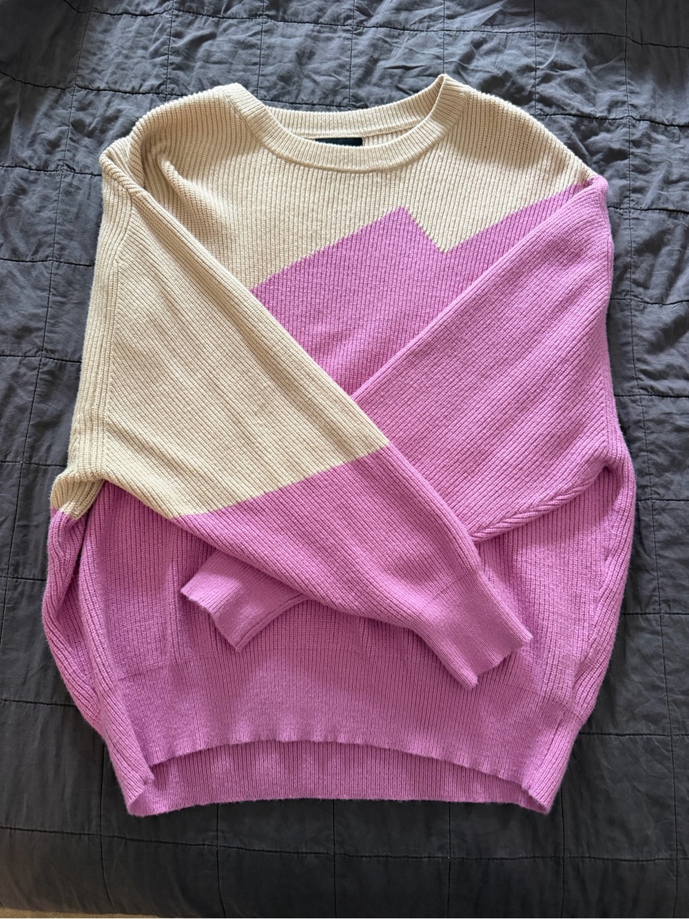 Vici Cream and Pink Colorblock Crewneck Sweater